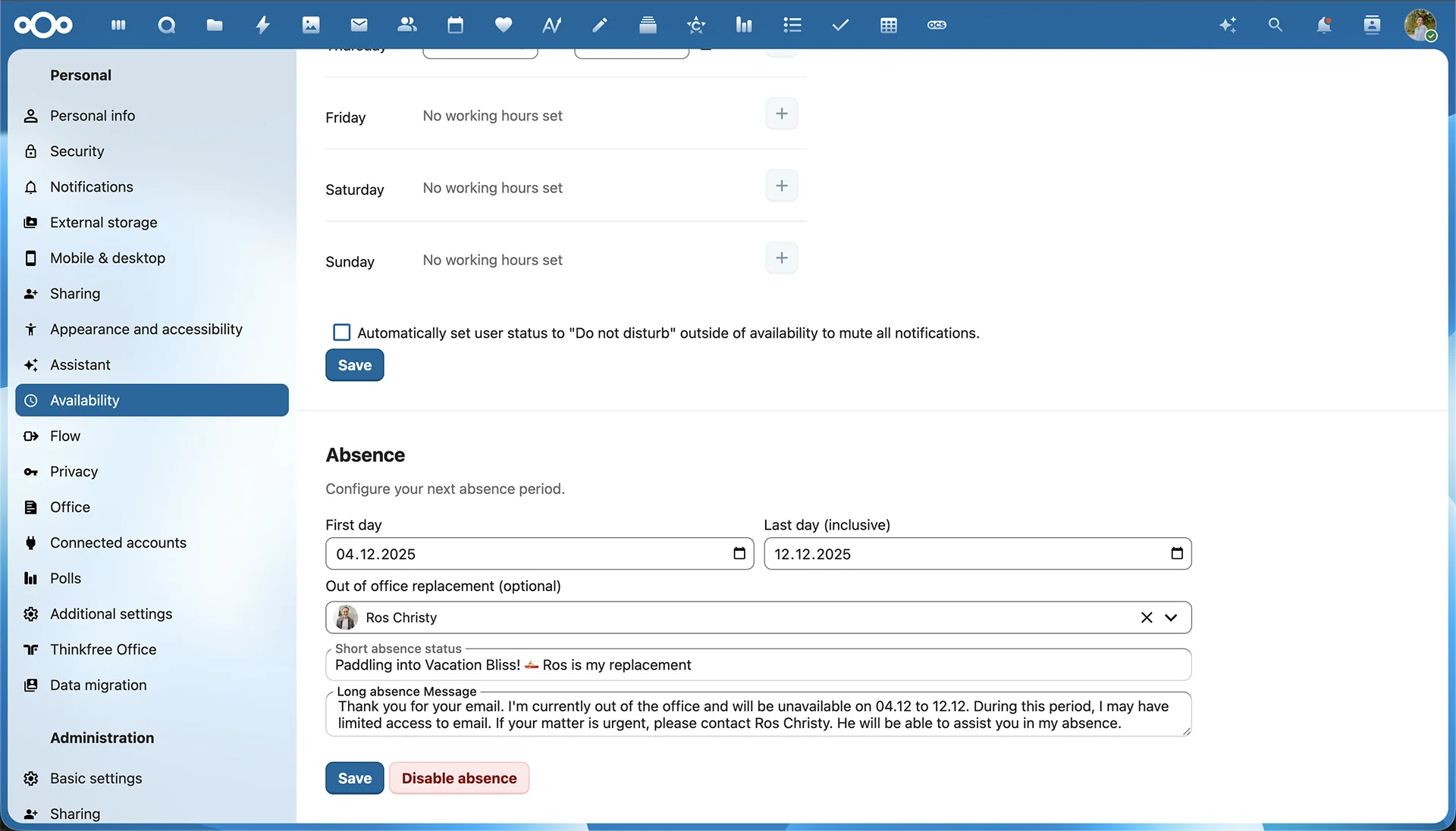 Настройка автоматического статуса доступности в UzCloud Hub
